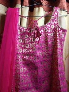 Vibrant Pink Brocade Kurta Set with Dupatta