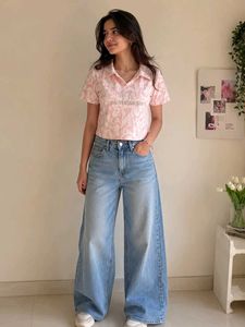 Pink Print Polo Neck Cropped Top