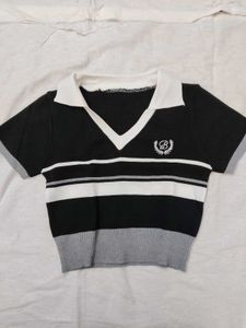 Striped V-Neck Polo Top