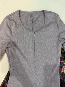 Grey Ribbed Long Sleeve Bodysuit
