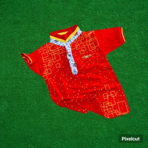 Vibrant Red Boys Polo Shirt with Geometric Print