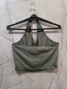 Olive Green Ribbed Halter Neck Crop Top (size-S)