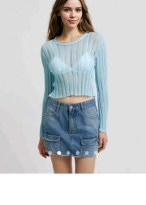 Savana Light Blue Ribbed Long Sleeve Top