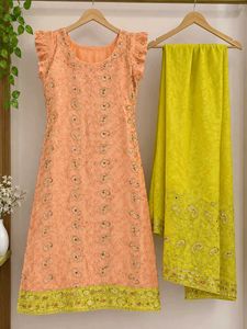 Peach Kurta Set with Yellow Dupatta