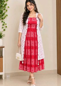 Red Printed Dress with White Lace Jacket Set