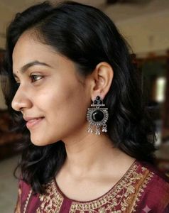 Oxidized Silver Black Stone Earrings