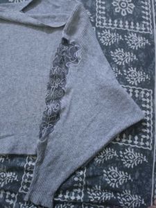 Grey Embroidered Sleeve Sweater top