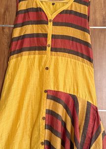 Yellow Kurta with Red &amp; Brown Stripes