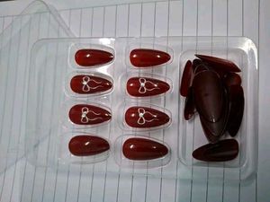 Burgundy False Nails with Bow Design