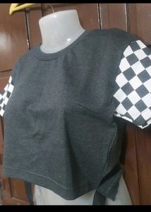 Gray Crop Top with Checkered Sleeves