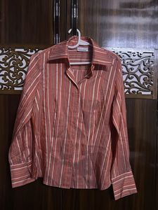 Striped Shiny Effect Button-Up Blouse