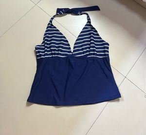 Navy Blue Striped Halter Neck Tankini Top