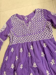 Purple Embroidered Flared Kurti