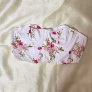 Floral Embroidered White Strapless corset