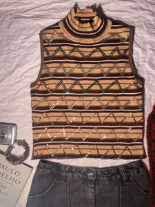 Sparkly Striped Turtleneck Sleeveless Top
