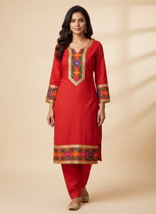 red fulkaari salwar suit without dupatta