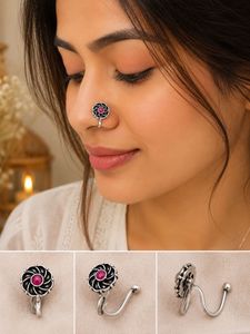 Oxidized Clip On Nose Pin with Pink Stone