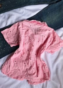 Cute Cotton Comfy Pink Shirt &amp; Tiered Skirt Set