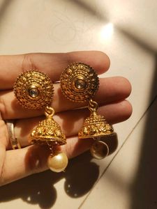 Elegant Gold Jhumka Earrings with Pearl Drop
