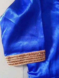 Royal Blue Satin Gown with Embellished Sleeves