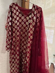 Elegant Red Kurta Set with Golden Polka Dots
