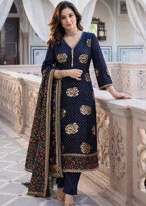 Elegant Navy Blue Embroidered Suit Set