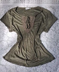 Olive Green Lace Detail Tunic Top