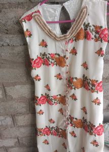 white kurti with pink flora design