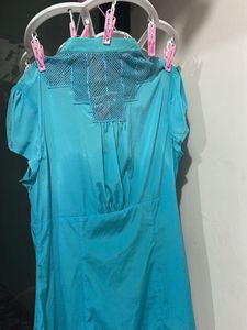 Bebe Blue Top with Mesh Detail