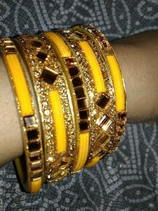 Exquisite Yellow &amp; Gold Embellished Bangles