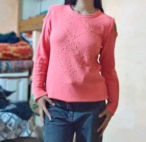 Coral Cut-Out Shoulder Sweater