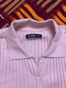 Cute Pink Ribbed Collared Crop Top
