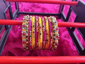 Set of Yellow &amp; Pink Silk Thread Bangles