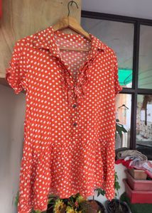 Orange Polka Dot Button-Up Top