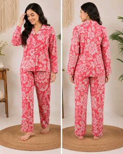 Red Floral Cotton Night Suit Set