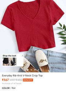 Red Ribbed V-Neck Cropped Top