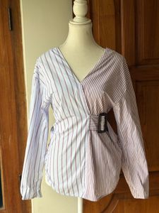 Striped Wrap Blouse with Belt