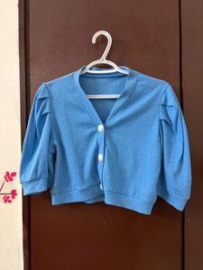 Blue Puff Sleeve Cropped Cardigan