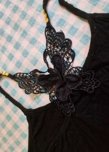 Chic Black Butterfly Embellished Top