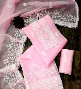 unstitched Pink Embroidered Kurta Set