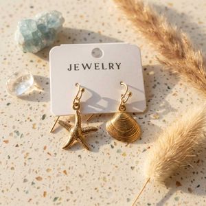 Gold Starfish &amp; Shell Dangle Earrings