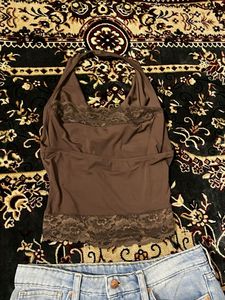 Brown Halter Neck Lace Trim Top (New)