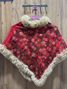 Red Embroidered Poncho with Fur Trim