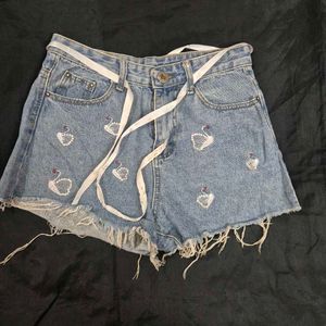 Cute Swan Embroidered Denim Shorts