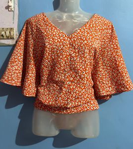 Orange Floral Printed V-neck| Korean Top