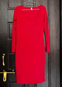 Red Ribbed Long Sleeve Mini Dress
