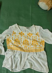 White & Yellow Embroidered Peplum Top