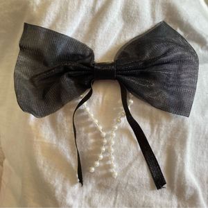 Black Organza Bow Hair Clip with Pearl Strings