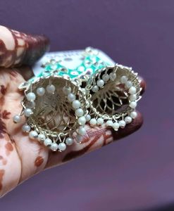 Green Jhumka Earrings with Pearls