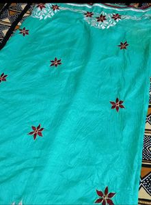 Teal Embroidered Silk Saree